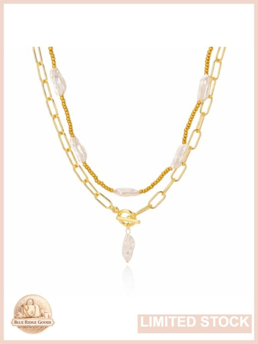 Layered Paperclip Chain Necklace Baroque Pearl Toggle Clasp Statement